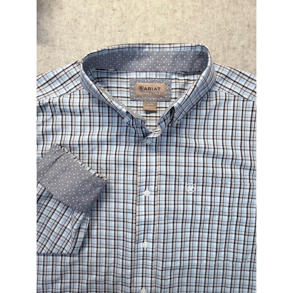 Ariat Button Down Shirt Men XL Blue Plaid Wrinkle Free Long Sleeve Western